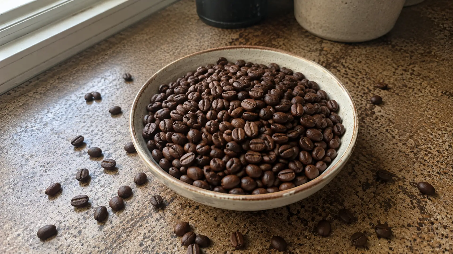 roasted coffee beans in a bowl, some scattered, on a kitchen counter