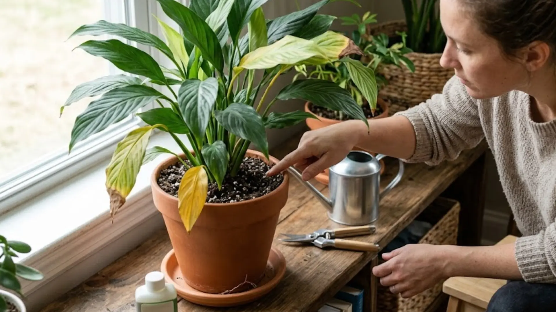 woman checking the soil of a peace lily with several yellowing leaves beside a watering can and pruners