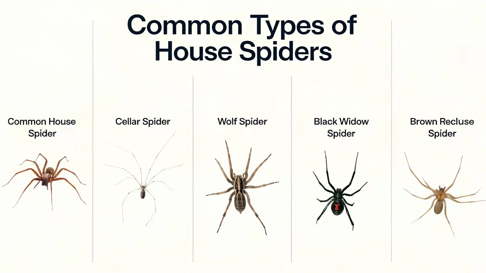 infographic showing common types of house spiders with labeled spider species and images