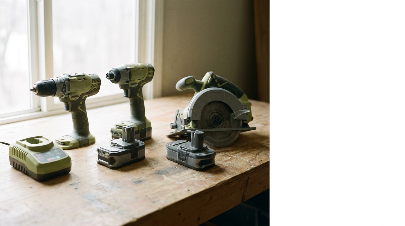 Power tools and battery pack on wooden workbench by window in natural light