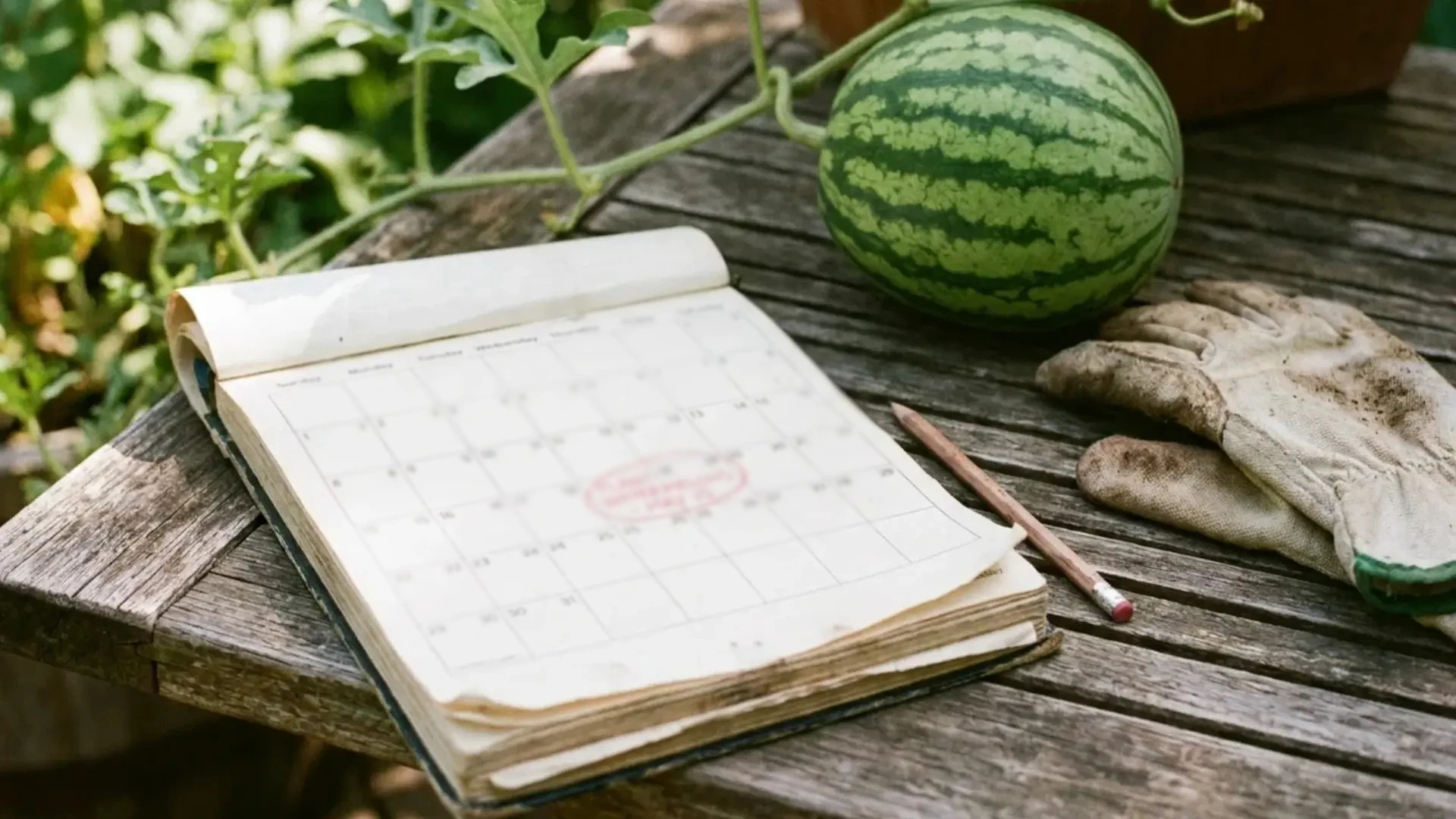 notebook with a planting date circled next to a young watermelon on the vine
