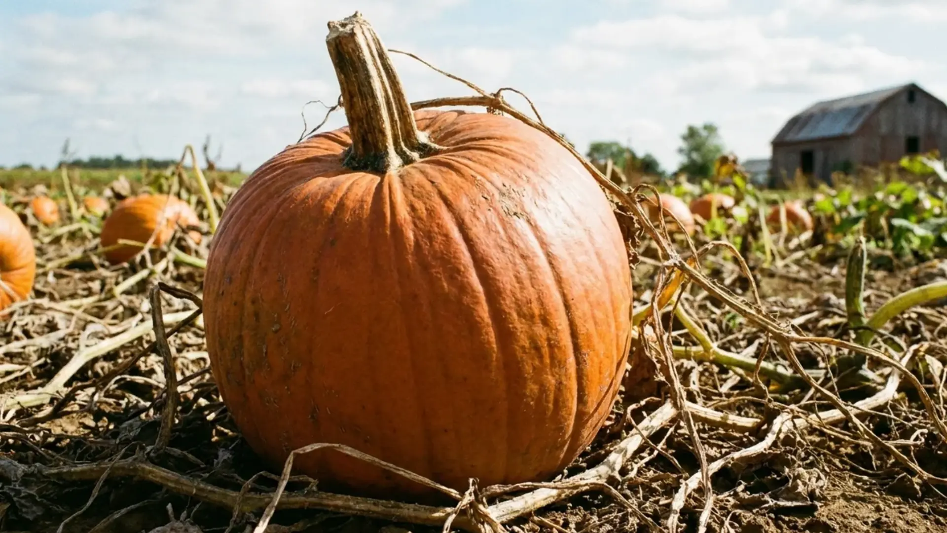 classic round connecticut field pumpkin in a field