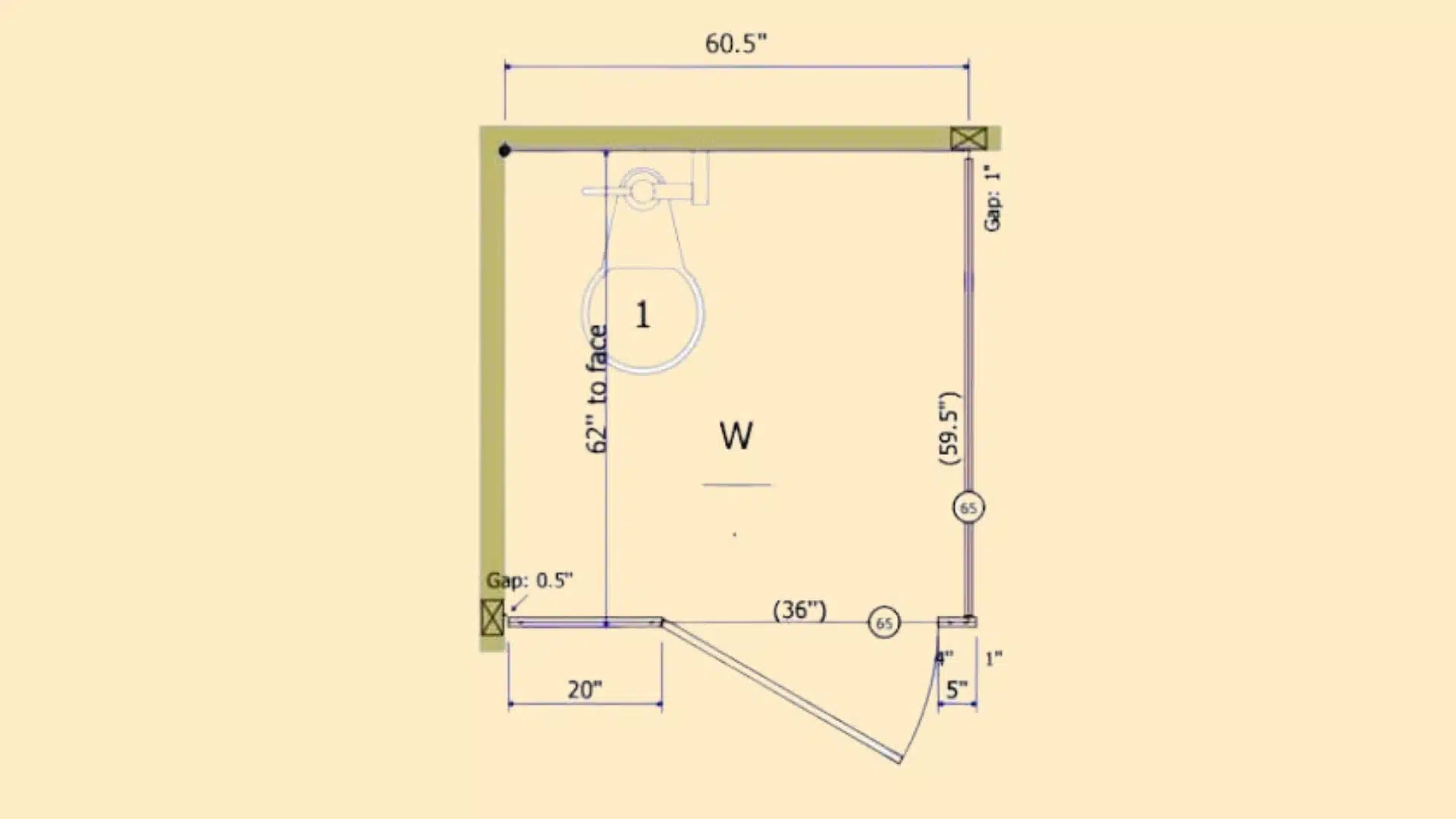 ada corner toilet stall layout with clearance gaps