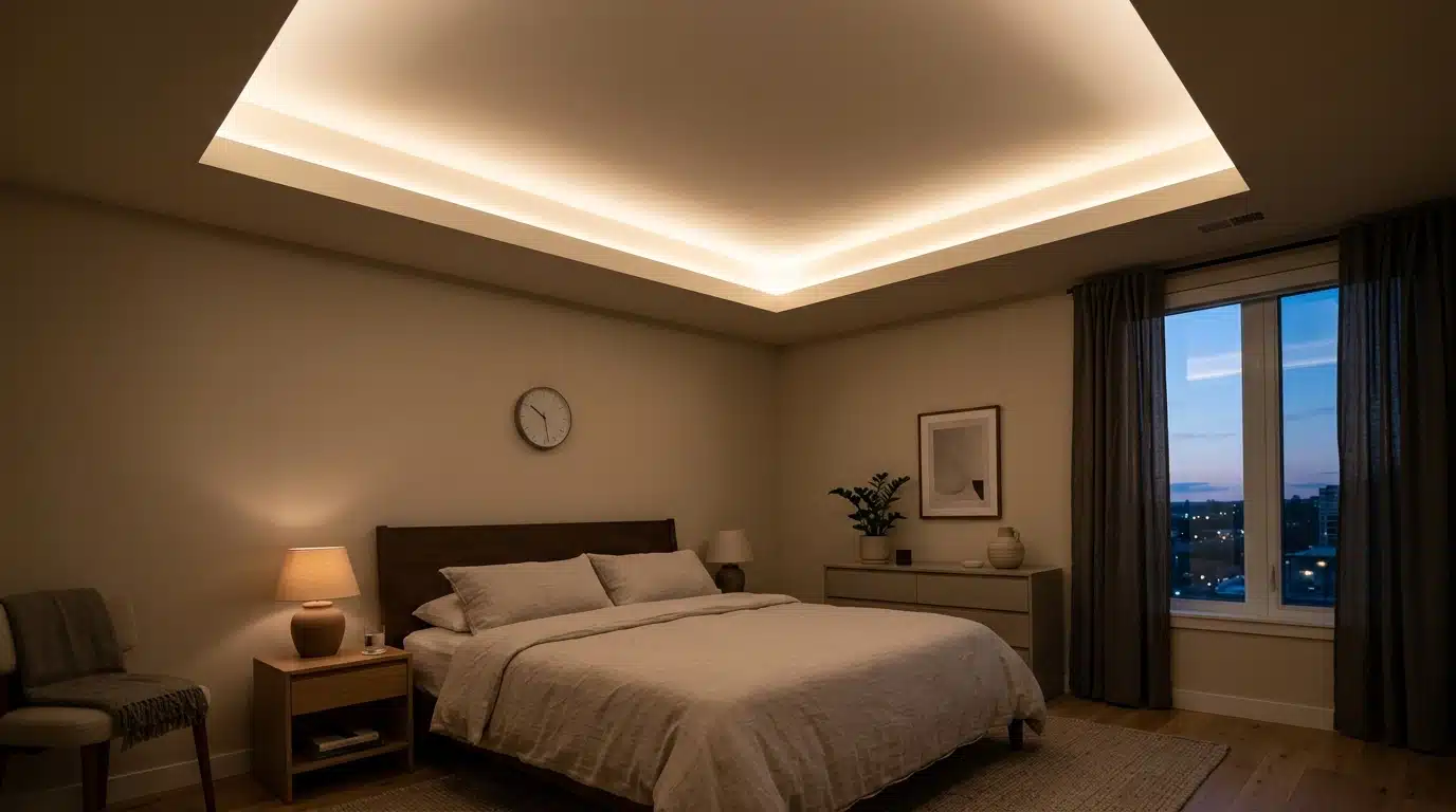 bedroom with a neatly made bed, bedside tables and lamps, a dresser, armchair, large window, and city view at dusk
