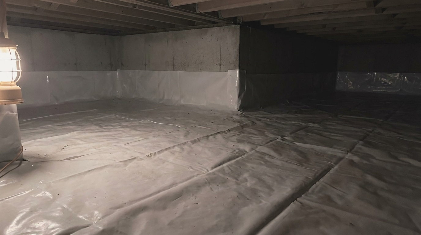Crawl space with vapor barrier lining illuminated by a single lantern in dim light