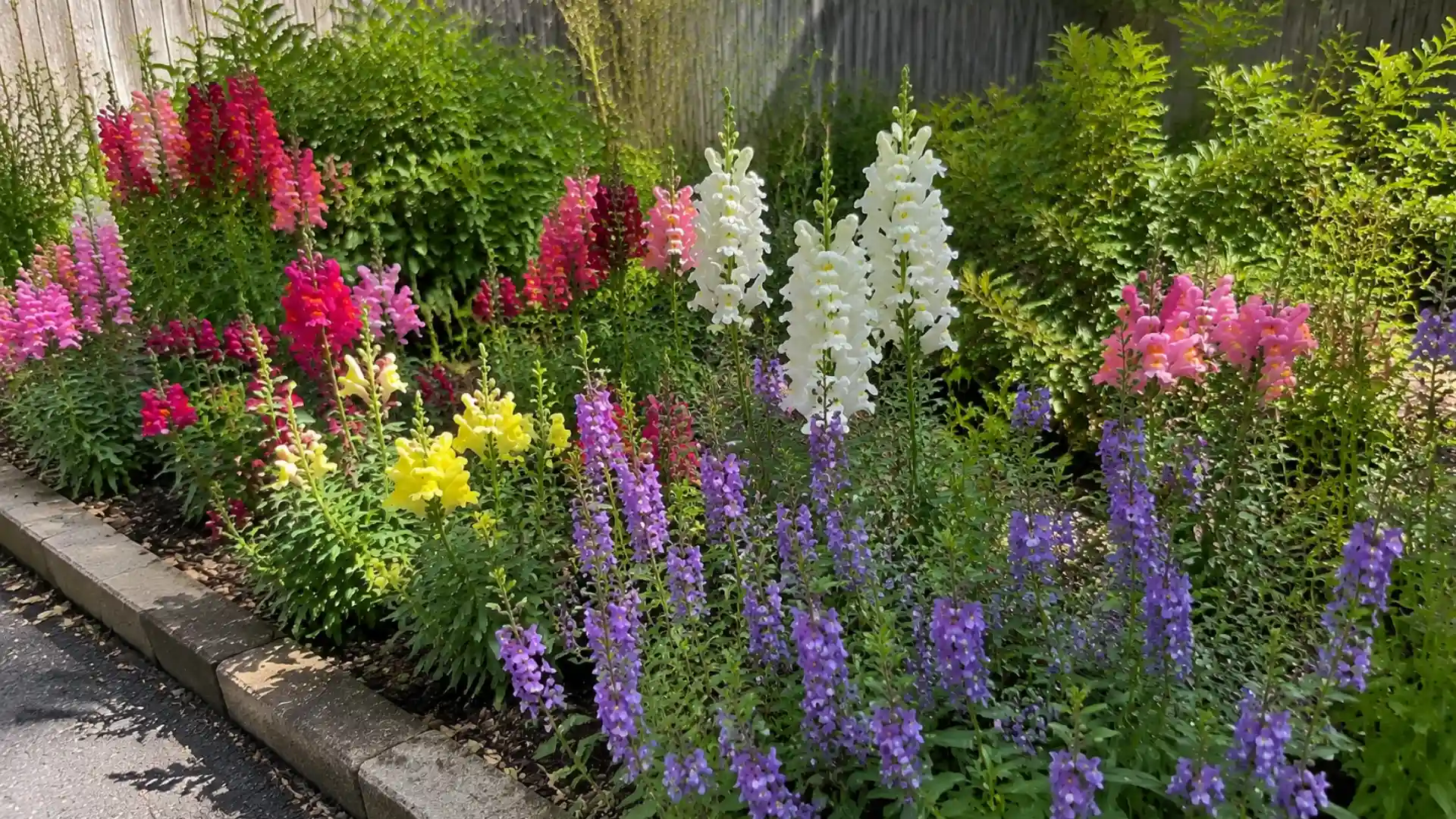 mixed snapdragons and angelonia blooming together in a colorful backyard garden bed under natural daylight