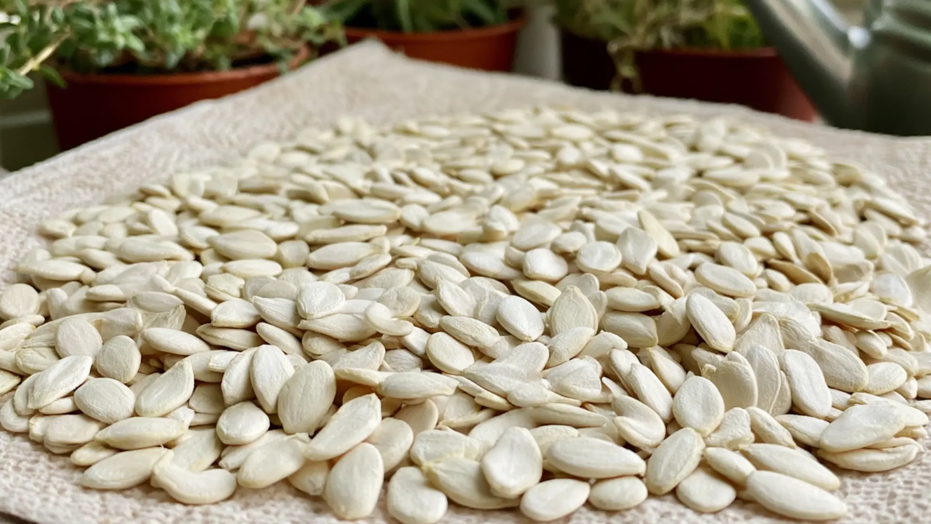 cucumber seeds drying on a paper towel on a sunny windowsill with potted herbs in the background