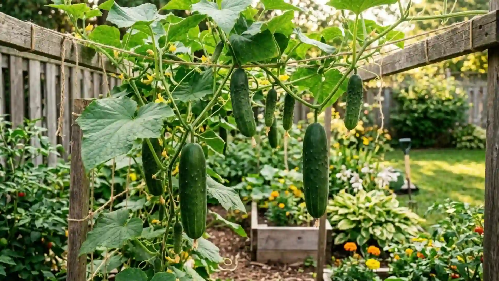 fresh ripe green cucumbers, growing in a home garden bed, photographed in natural daylight
