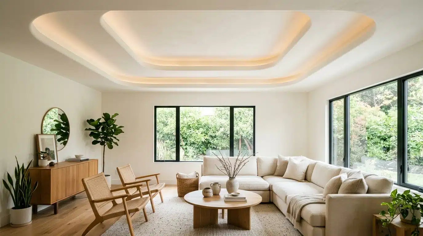 living room with a sectional sofa, chairs, coffee table, sideboard, plants, and large windows overlooking greenery