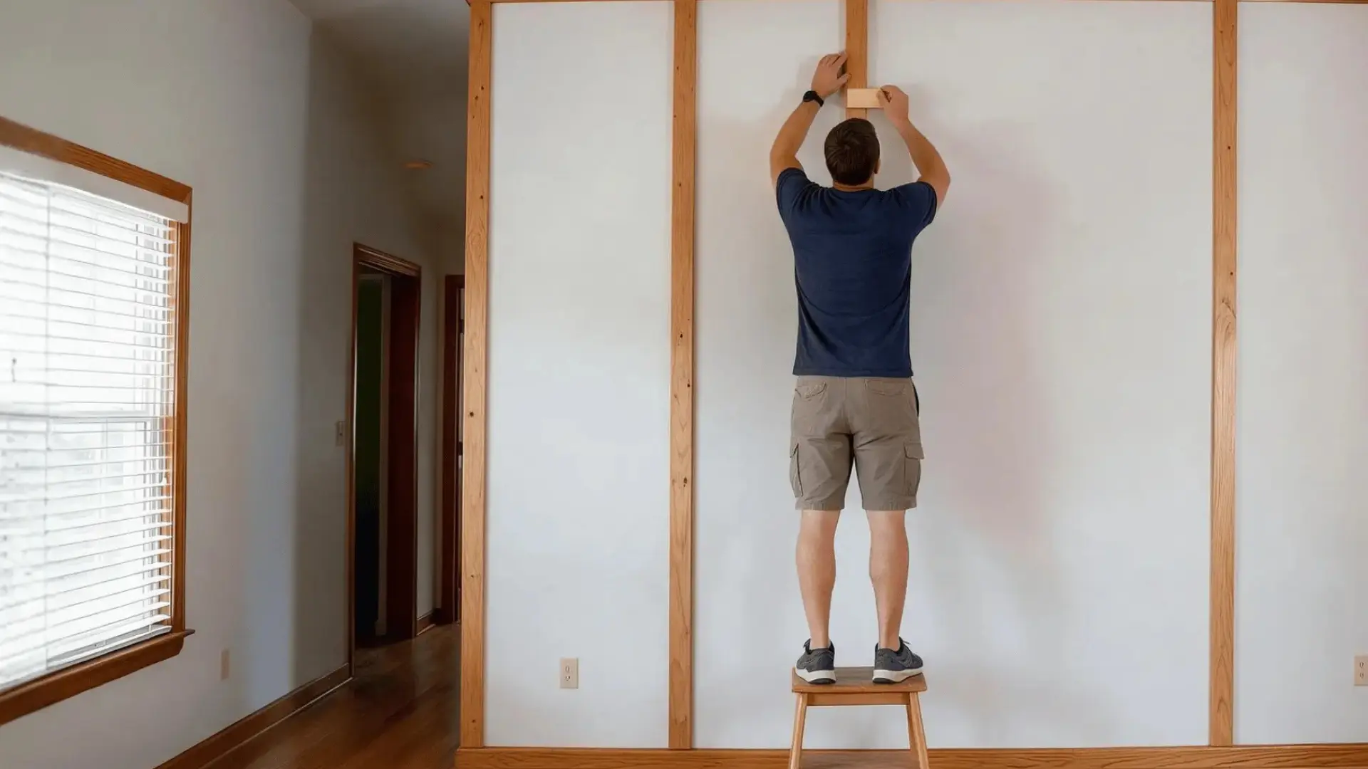 Man dry fitting a vertical wood batten using a spacer block to set even gaps on the wall