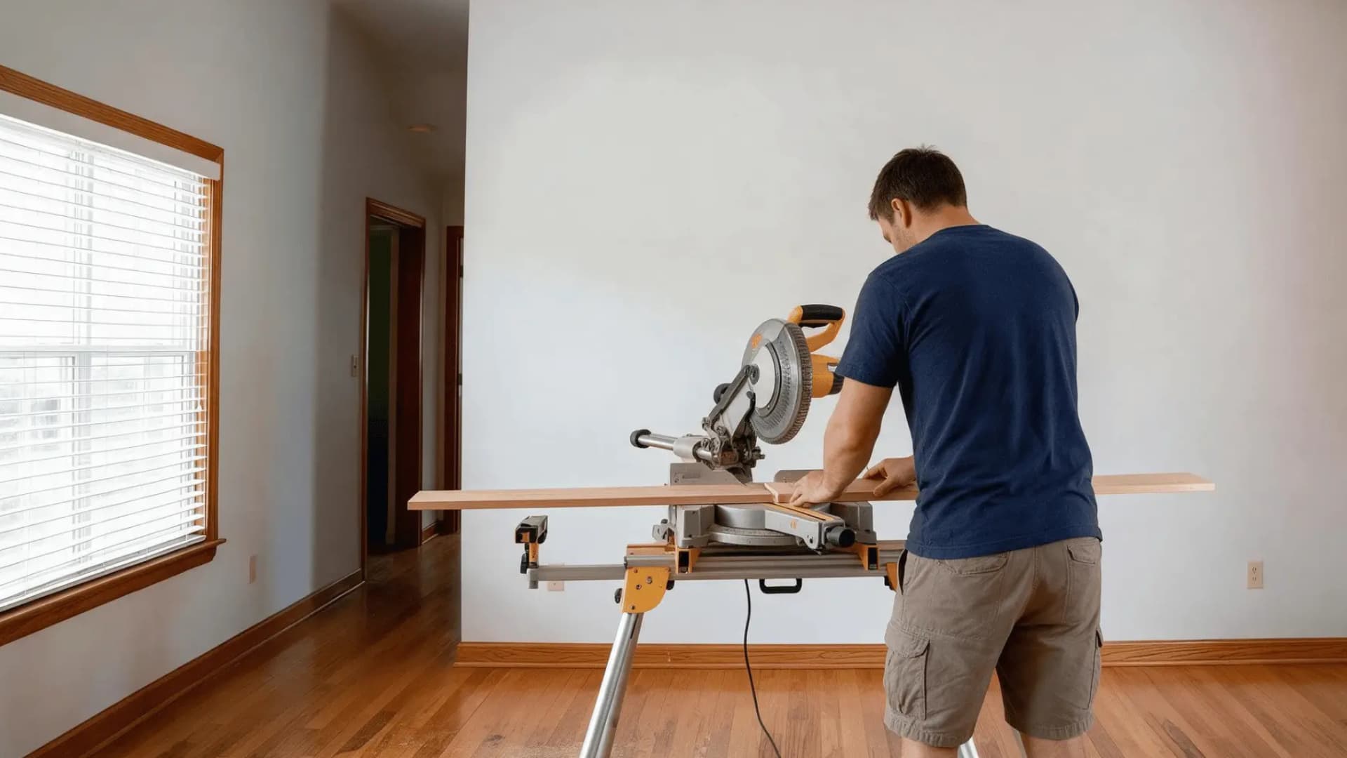 person cutting board and batten trim with a miter saw on a workbench inside a bright living room.