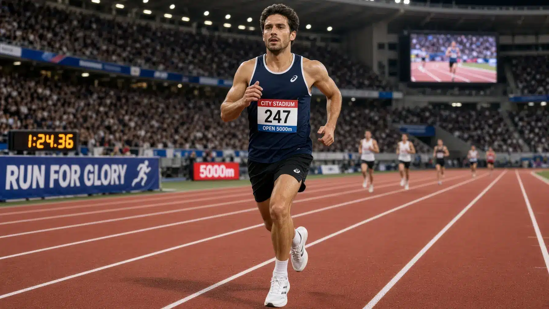 Athlete running on track in stadium race with digital timer and spectators in background