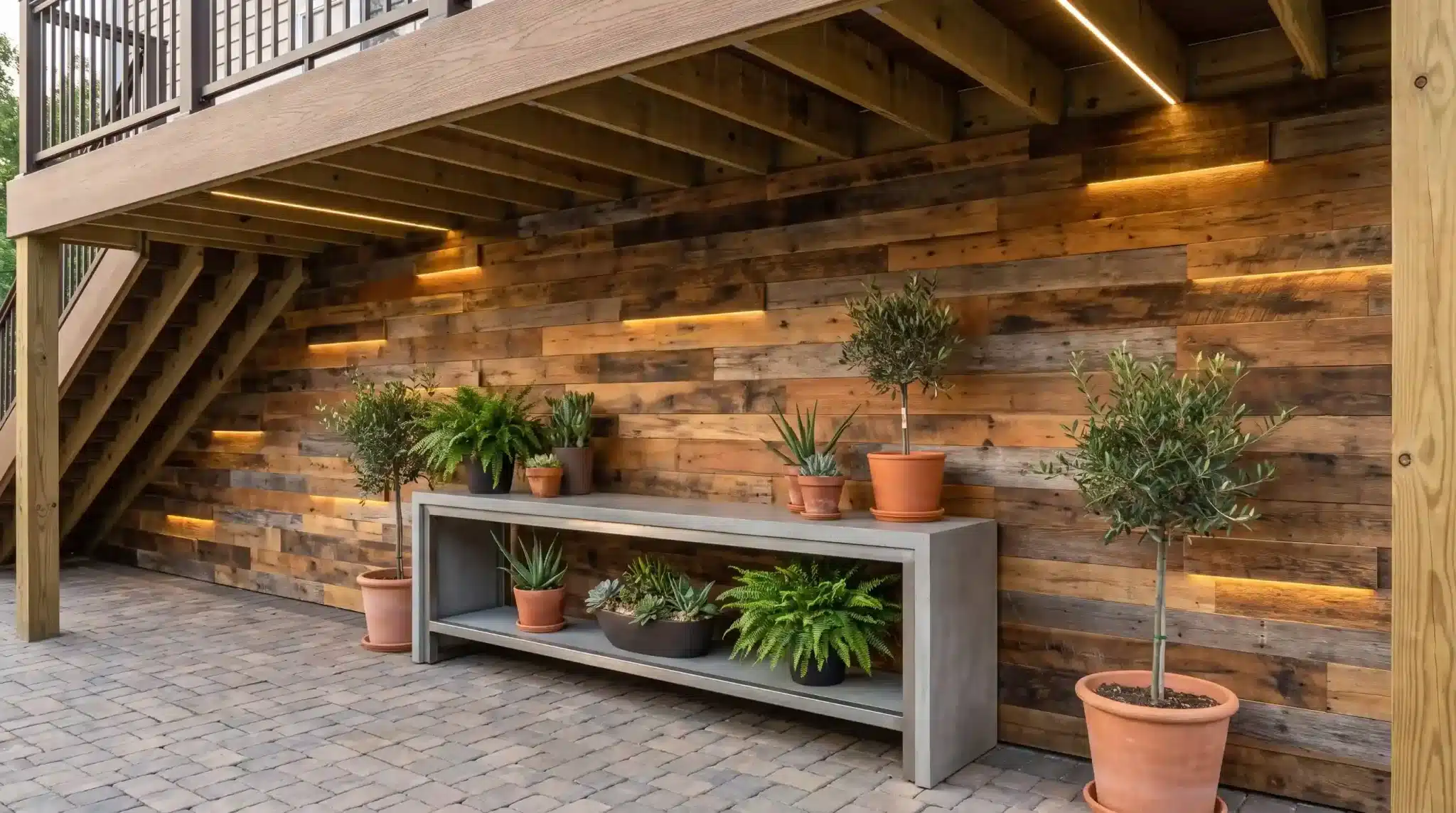 reclaimed wood accent wall with integrated lighting and potted plants beneath a raised deck