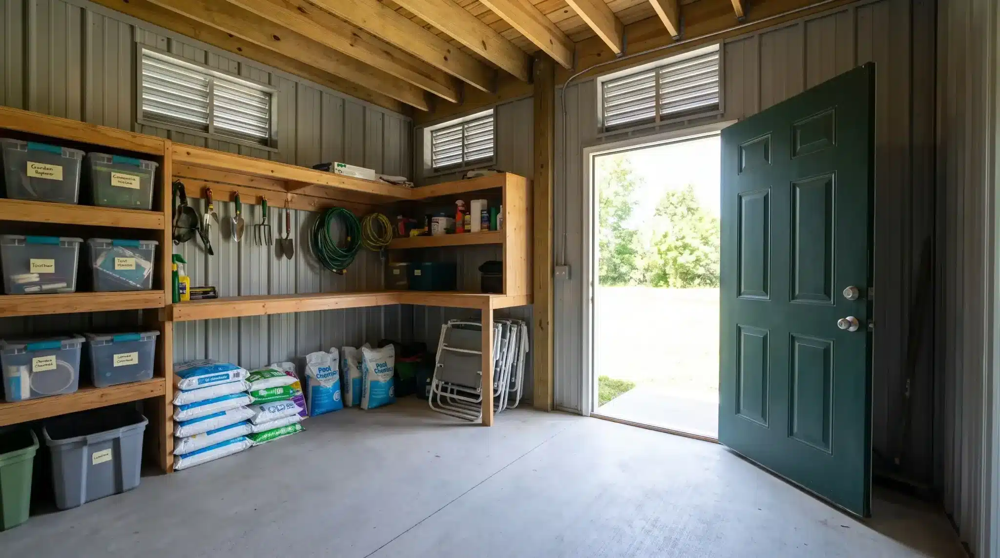 dedicated storage room with wooden shelves, labeled bins, garden tools, and an open exterior door