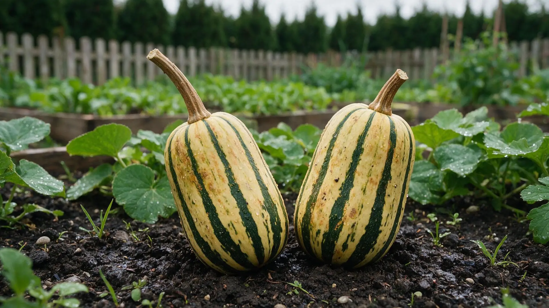 delicata squash in a garden bed
