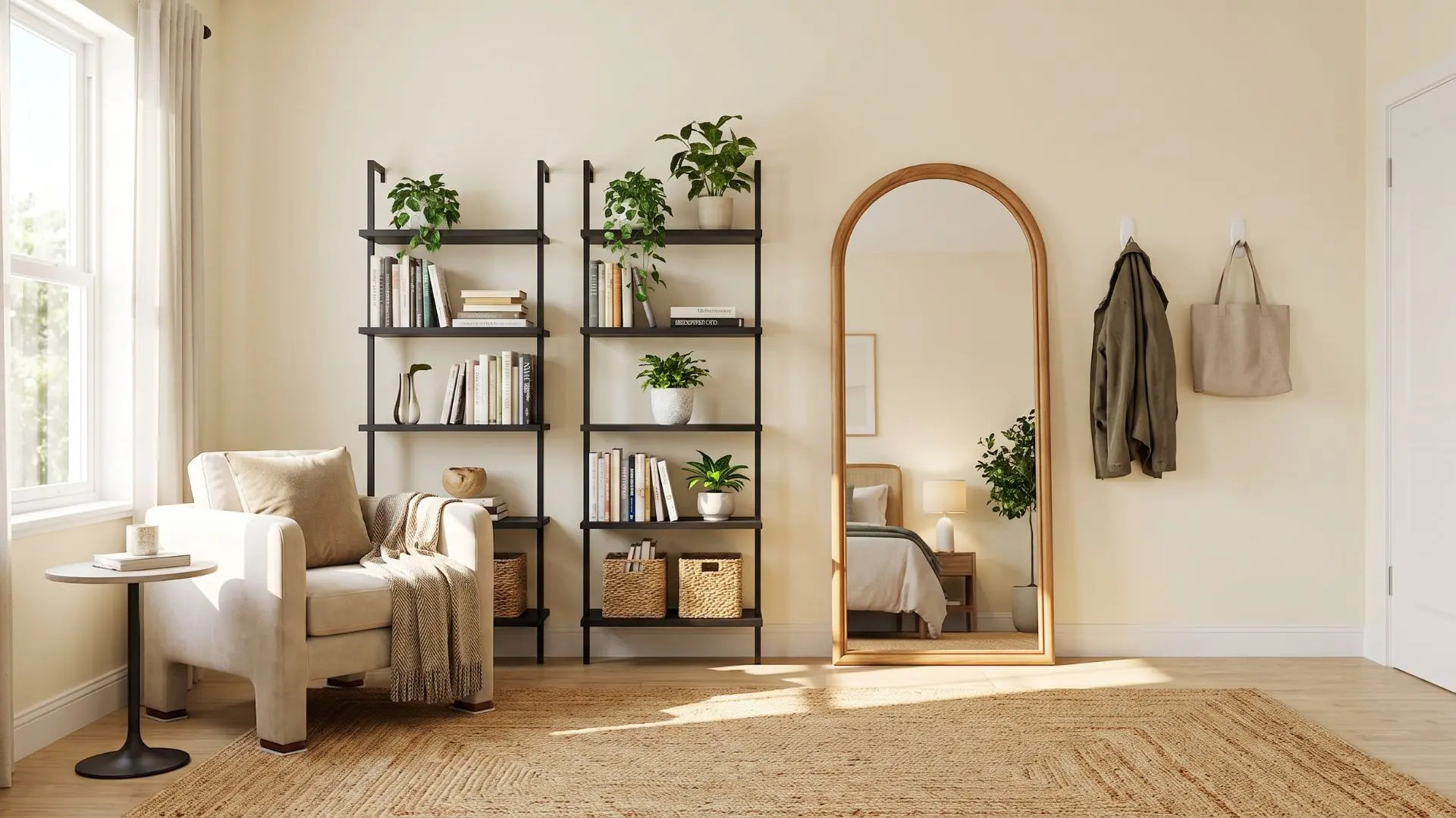 renter-friendly bedroom with freestanding shelves, a leaning mirror, chair, and removable wall hooks