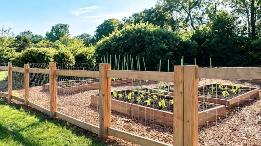 wooden diy garden fence surrounding raised beds with wire mesh and green plants outdoors