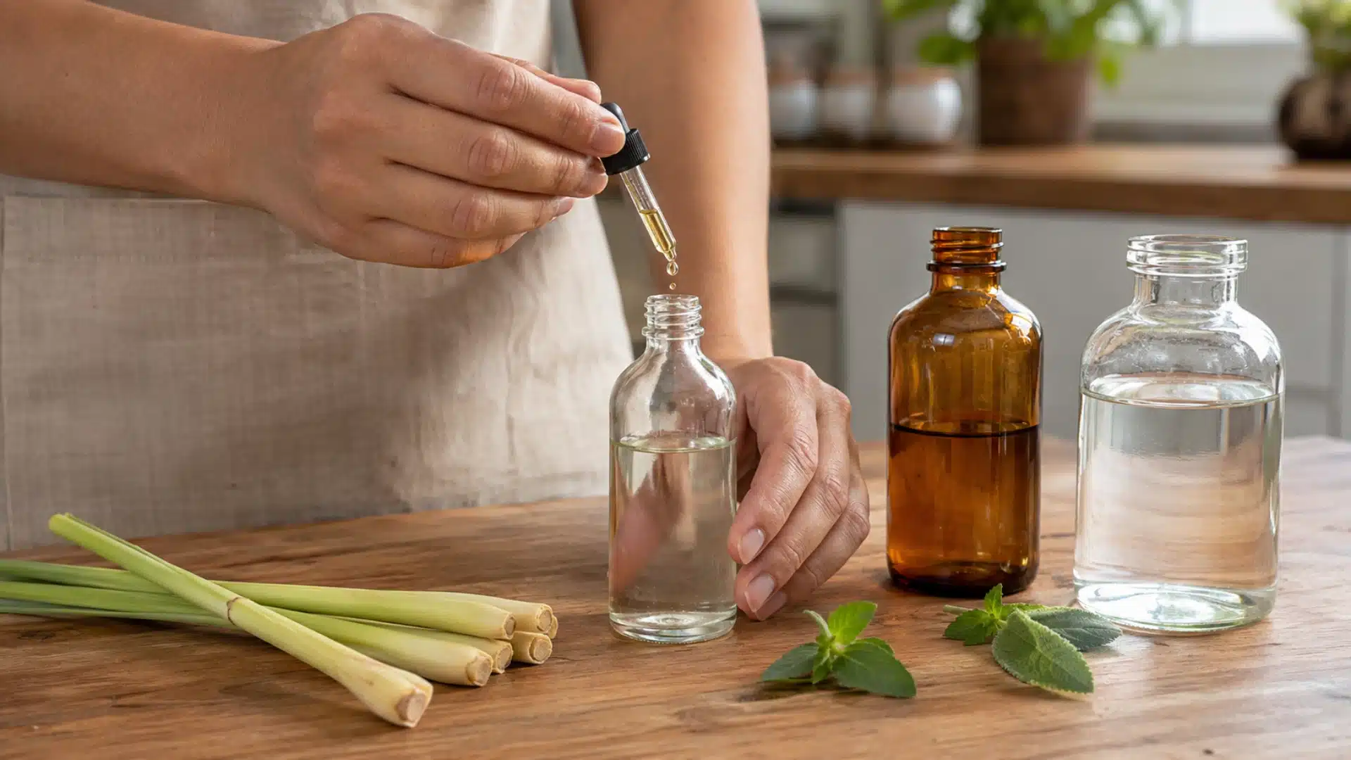 hands mixing homemade essential oil bug spray with dropper and glass bottle
