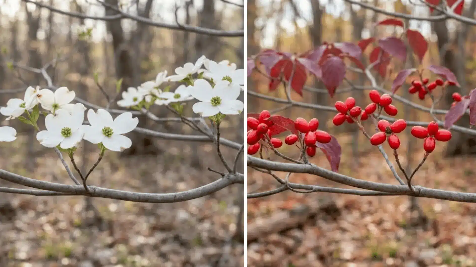 dogwood shrub with white spring blooms and red berries on maroon fall leaves