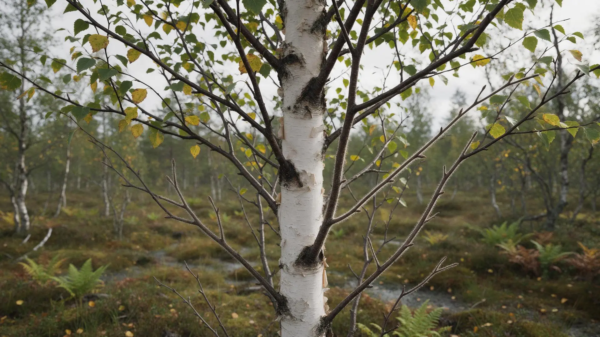 tall slender birch tree with white bark and yellow green leaves growing in a mossy wet bog surrounded by ferns