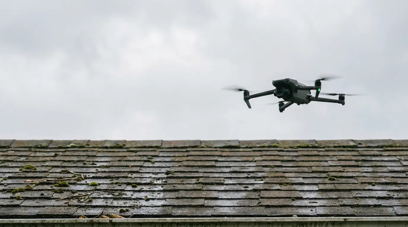 Drone hovering above moss-covered roof under cloudy sky