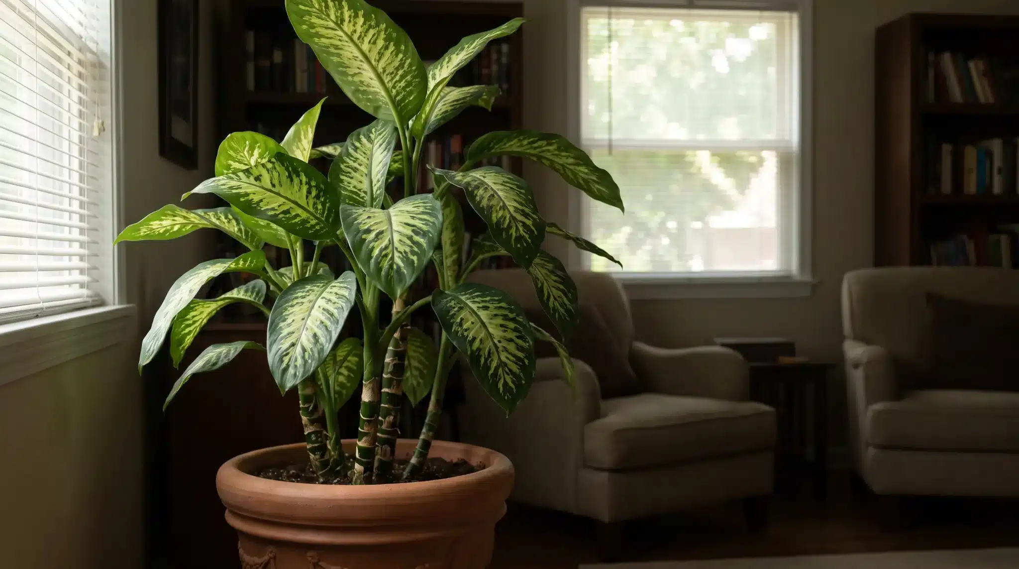 large dumb cane with cream and green patterned leaves in a terracotta pot inside a living room