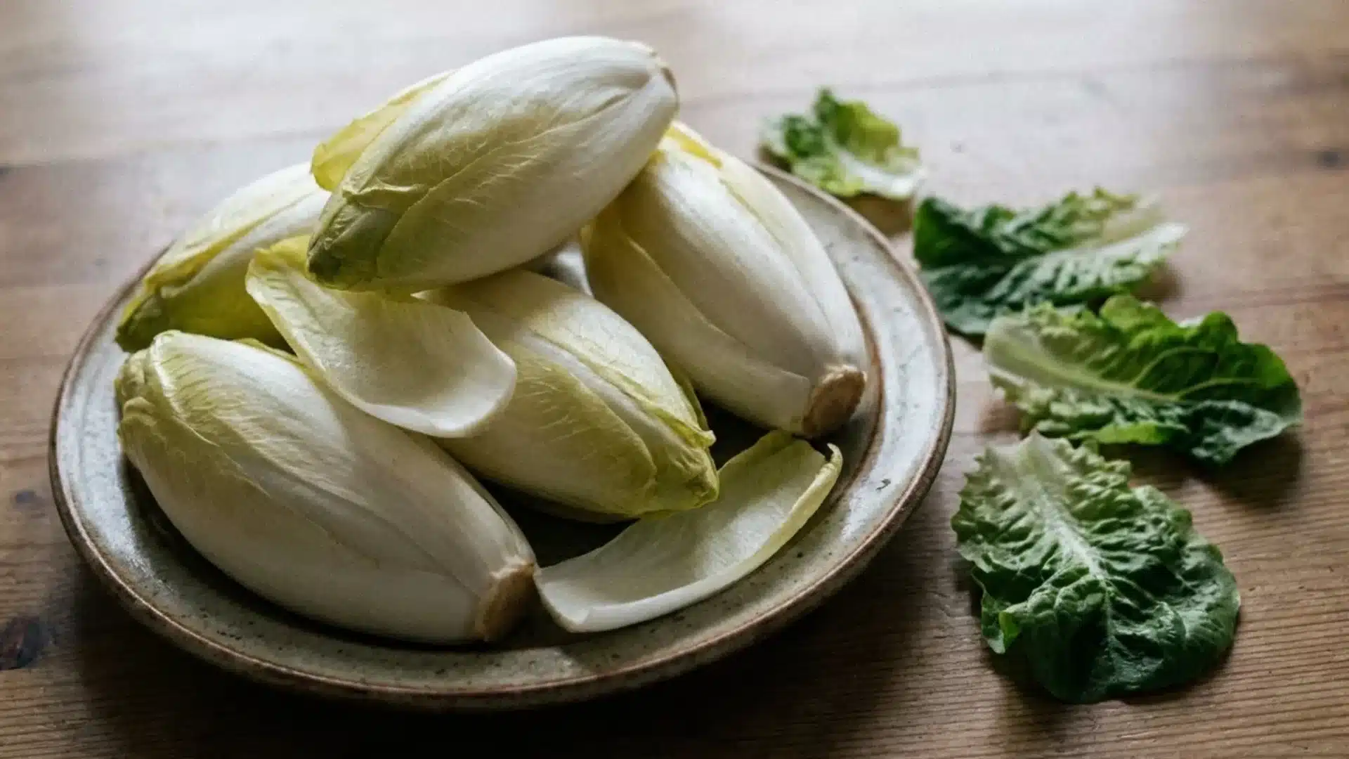 whole belgian endive heads arranged on a ceramic plate with loose green lettuce leaves on a wooden table