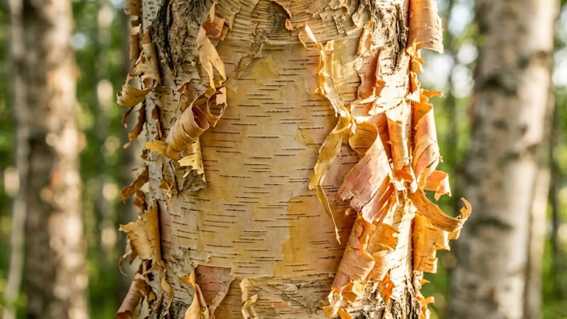 aged birch trunk with peeling curls of white and pinkish orange bark glowing in warm golden dappled forest sunlight