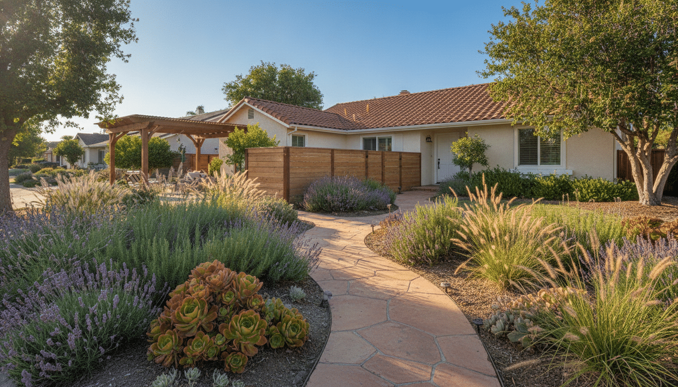 Pathway through xeriscape garden with succulents and ornamental grasses, leading to house with pergola