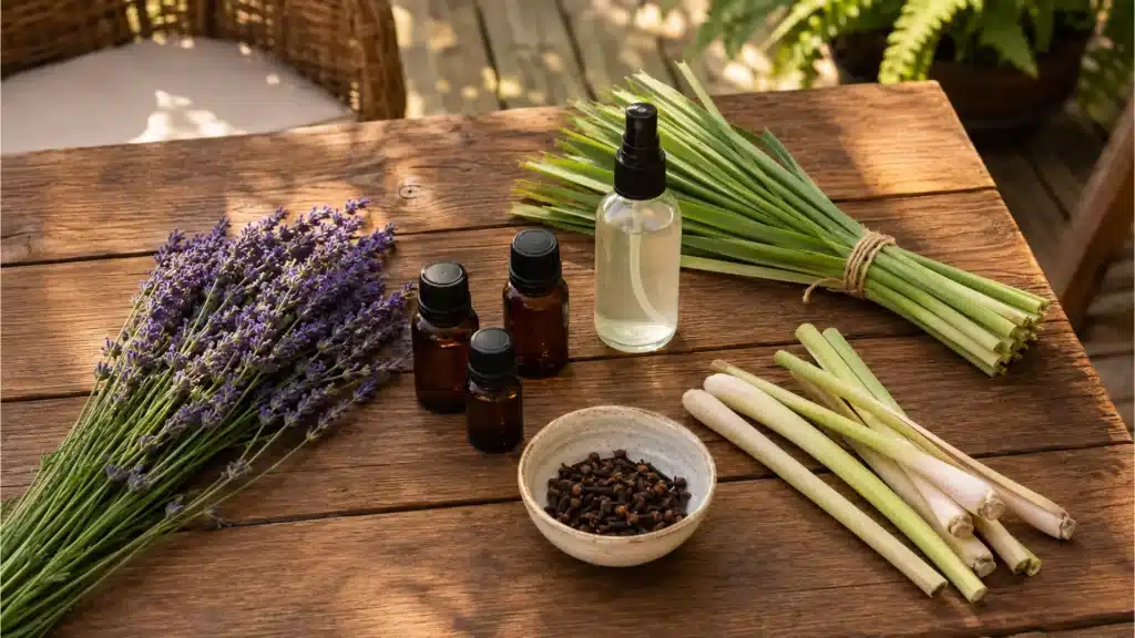 spray bottle with essential oils lavender, lemongrass and cloves arranged on a wooden table