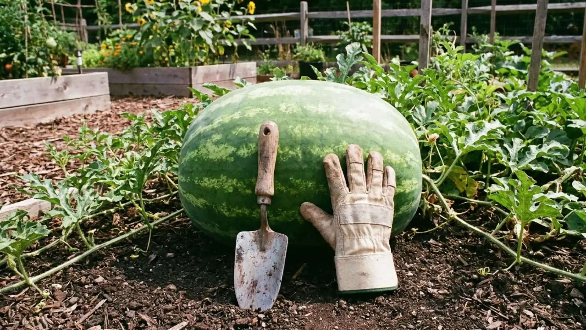 full grown watermelon on soil next to gloved hand for size scale