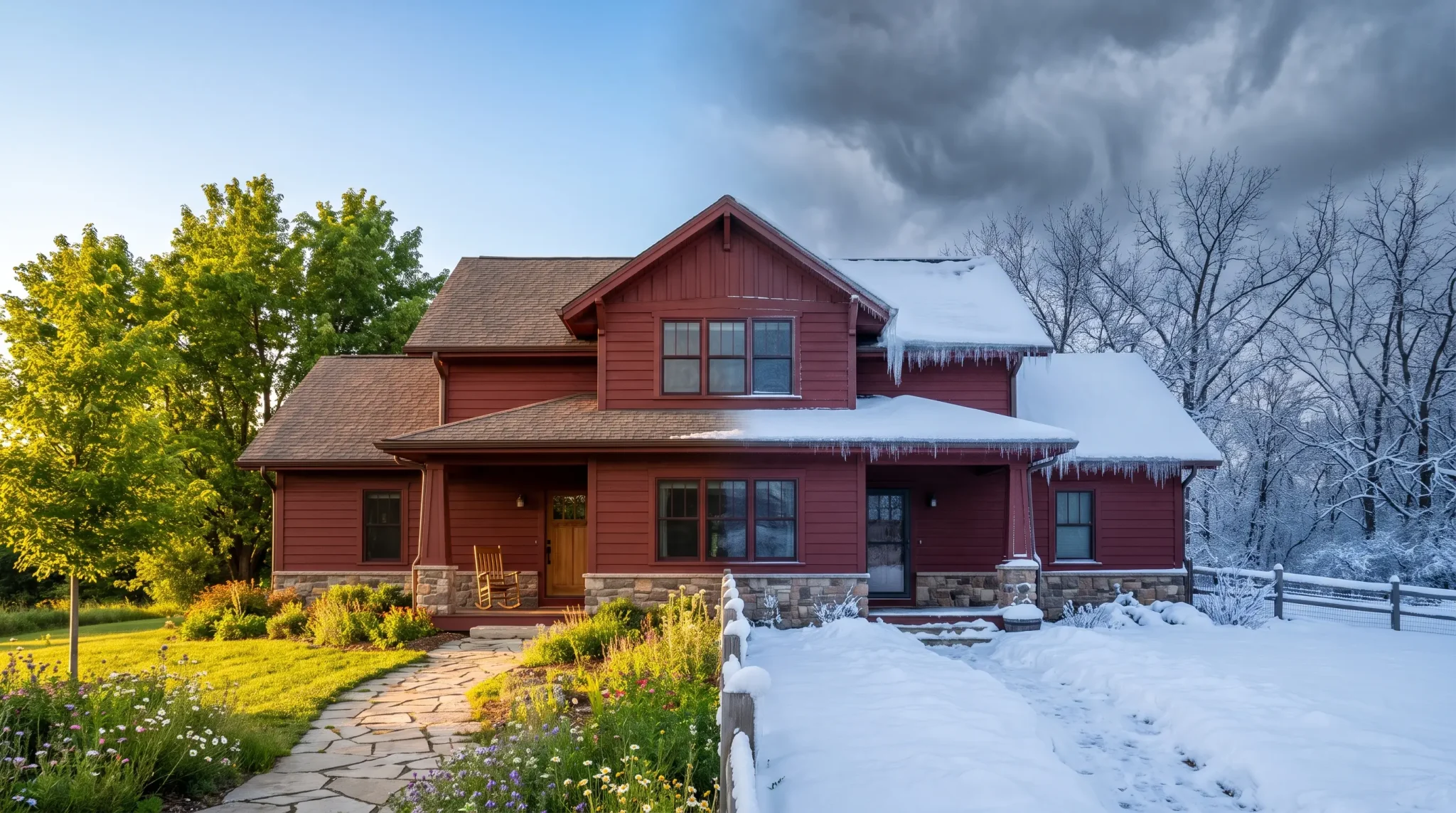 Red house with one side in summer and the other covered in winter snow