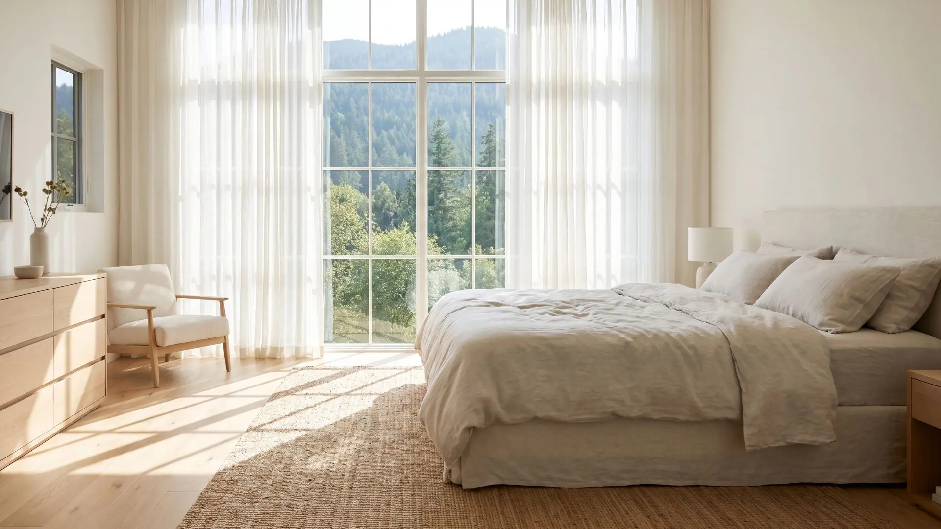 bright bedroom with the bed facing a large window overlooking a green mountain landscape
