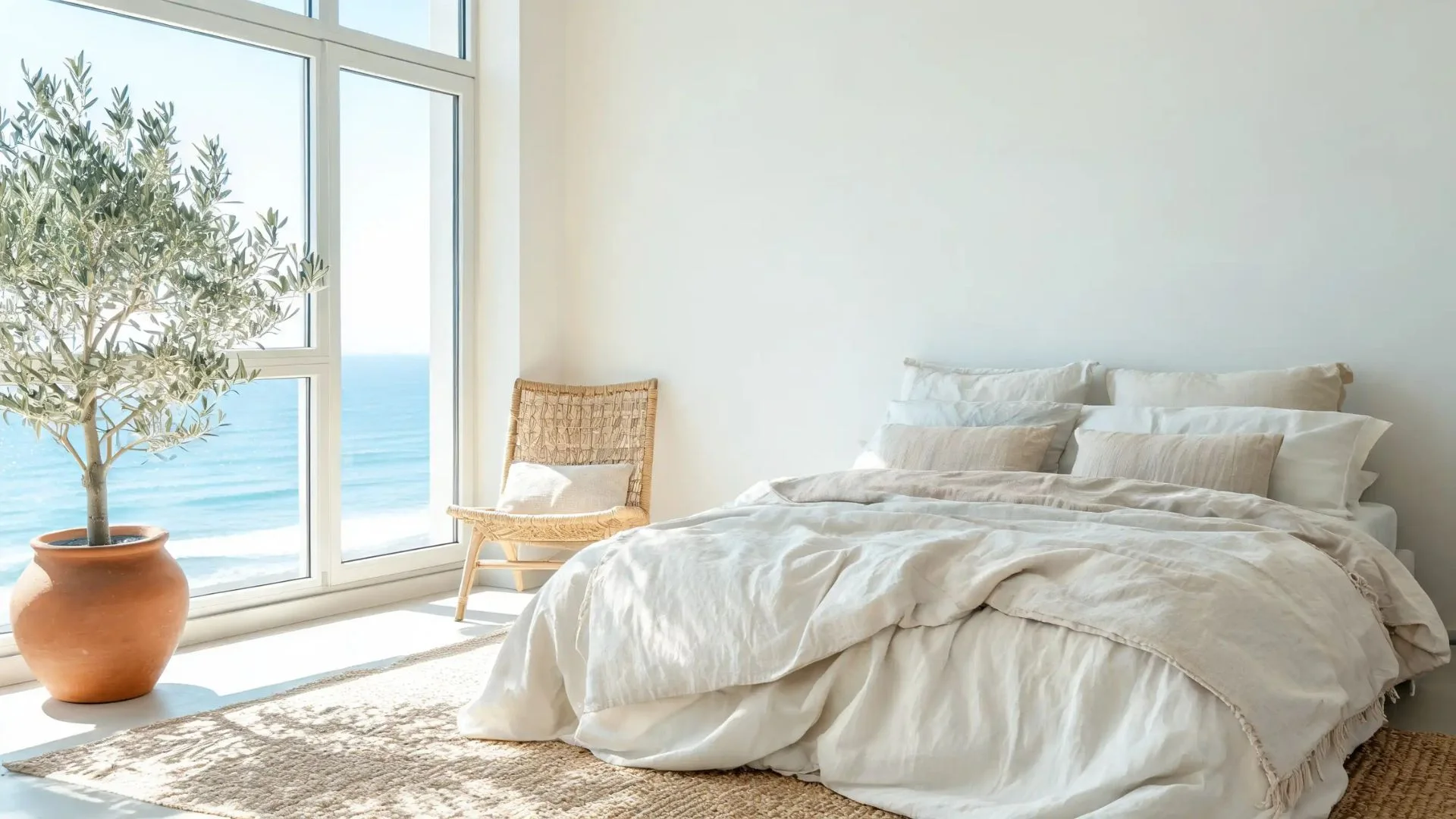 bright bedroom with a white bed beside floor-to-ceiling windows overlooking the ocean
