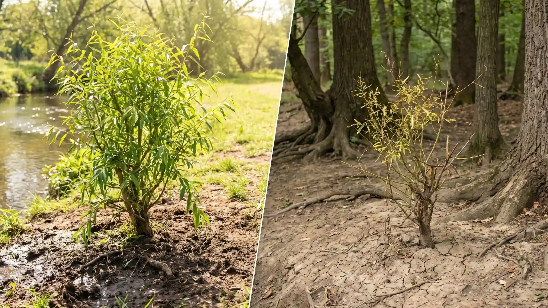 healthy willow growing beside water compared with a stressed willow in dry, shaded soil