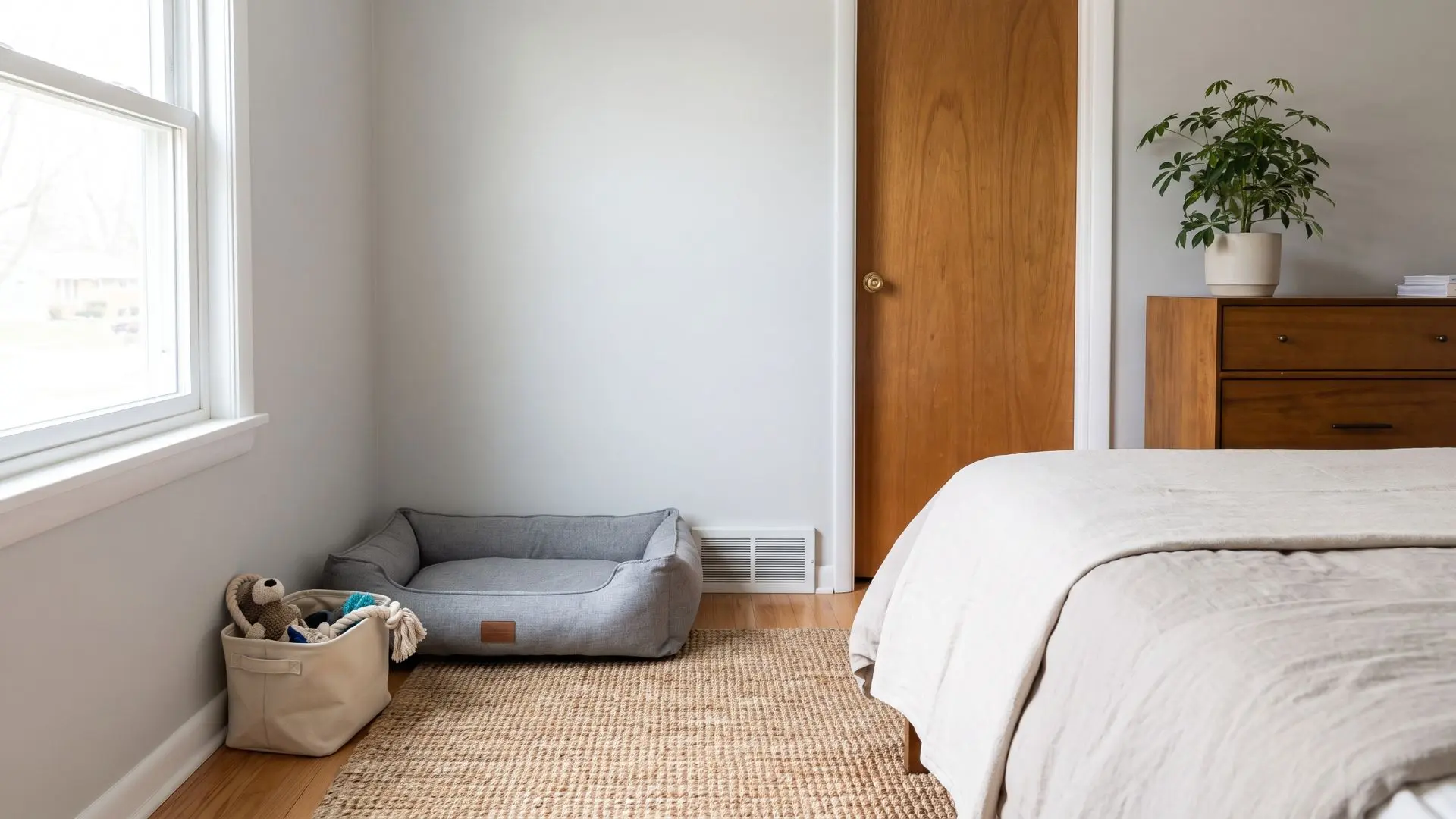 small pet corner with a gray bed and toy basket placed beside the window in a tidy bedroom