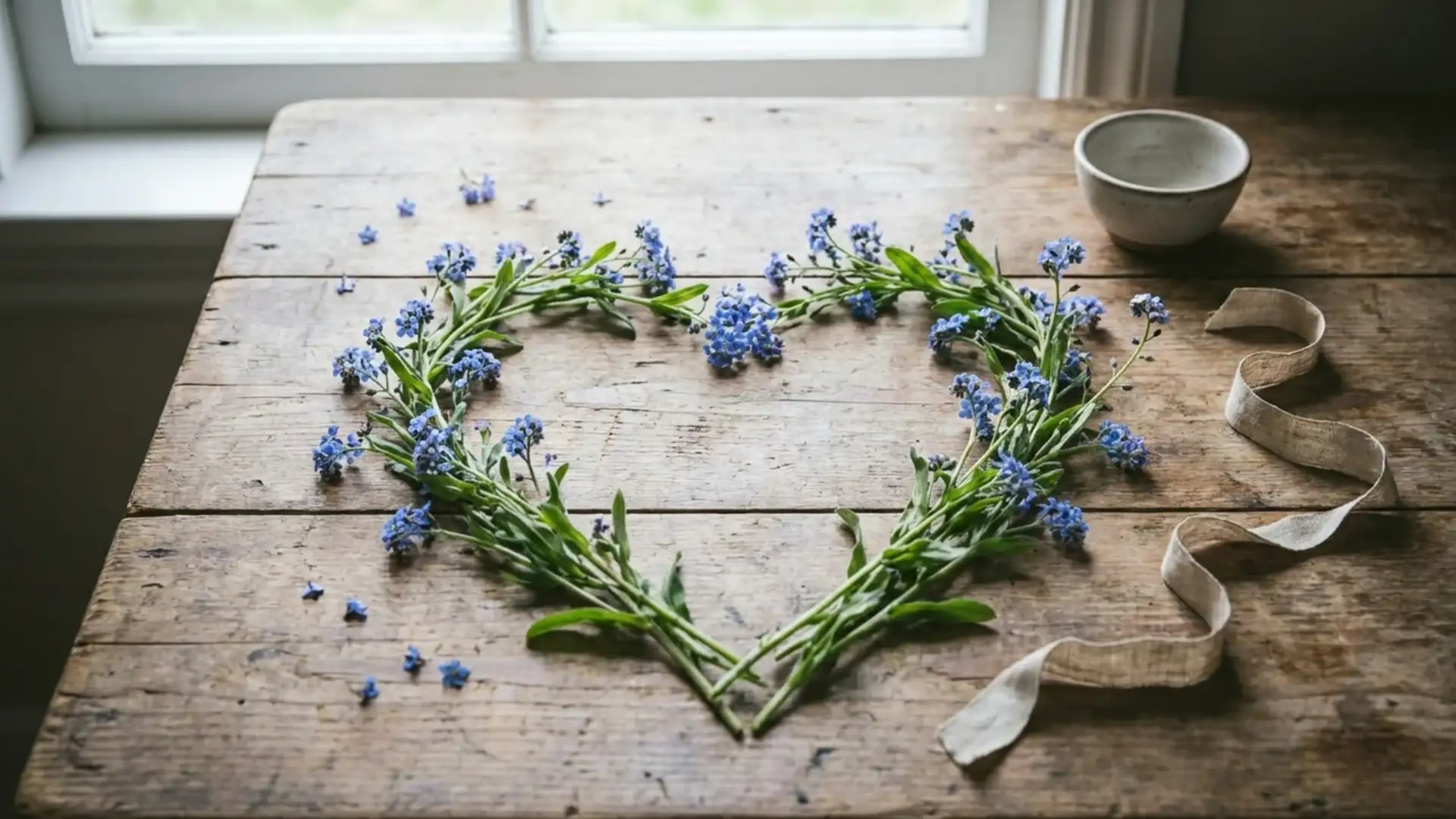 blue forget-me-not flowers arranged in a heart shape representing love and remembrance