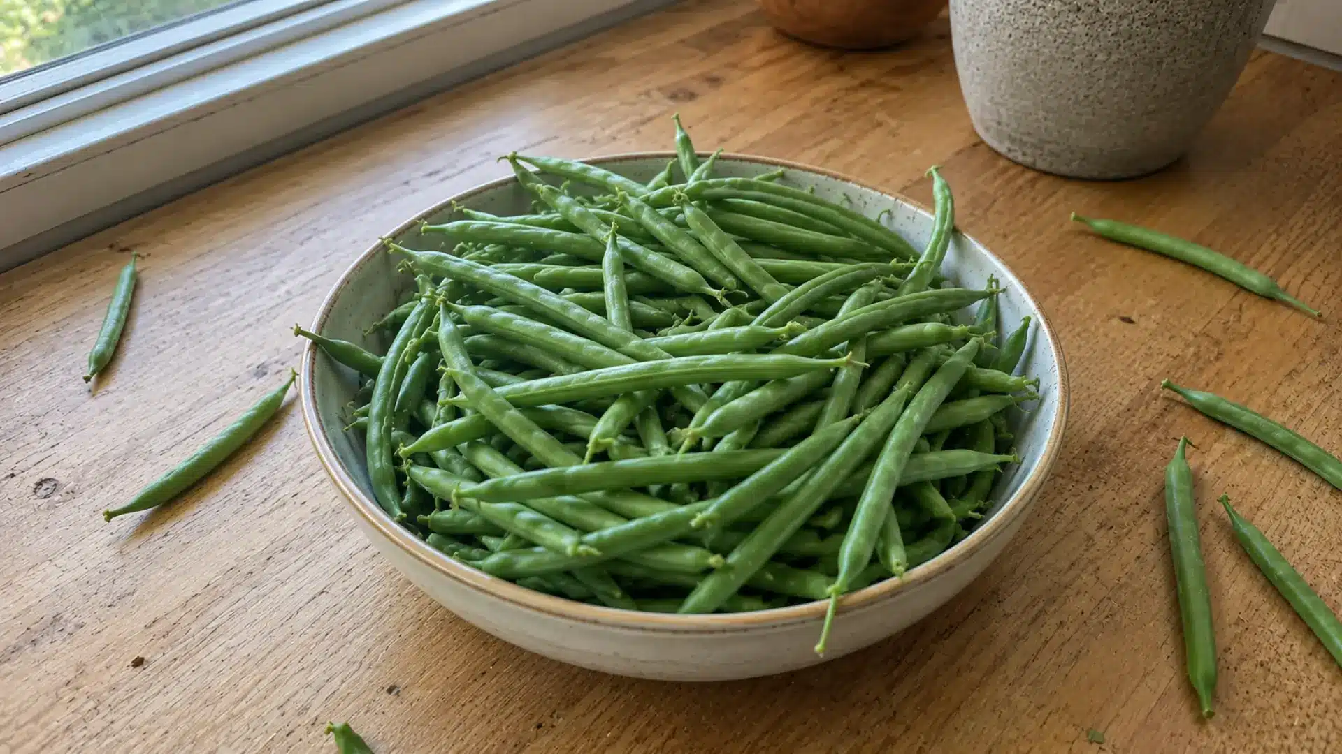thin fresh French green beans in a bowl on a kitchen wooden table