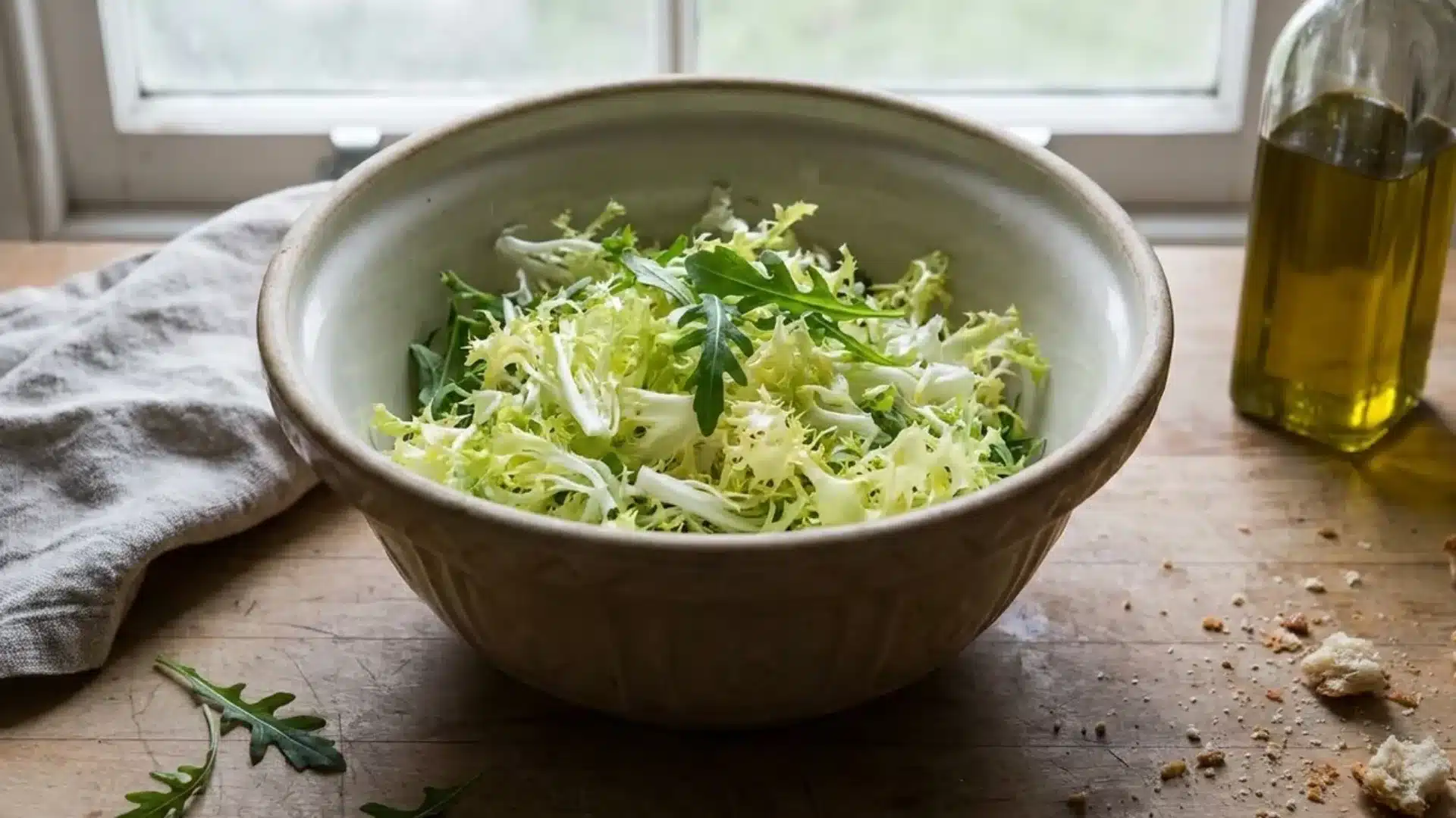 frisee lettuce leaves arranged in a ceramic bowl on a wooden counter beside a bottle of olive oil