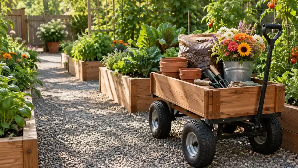 Wooden garden cart with pots and flowers in sunny vegetable garden pathway