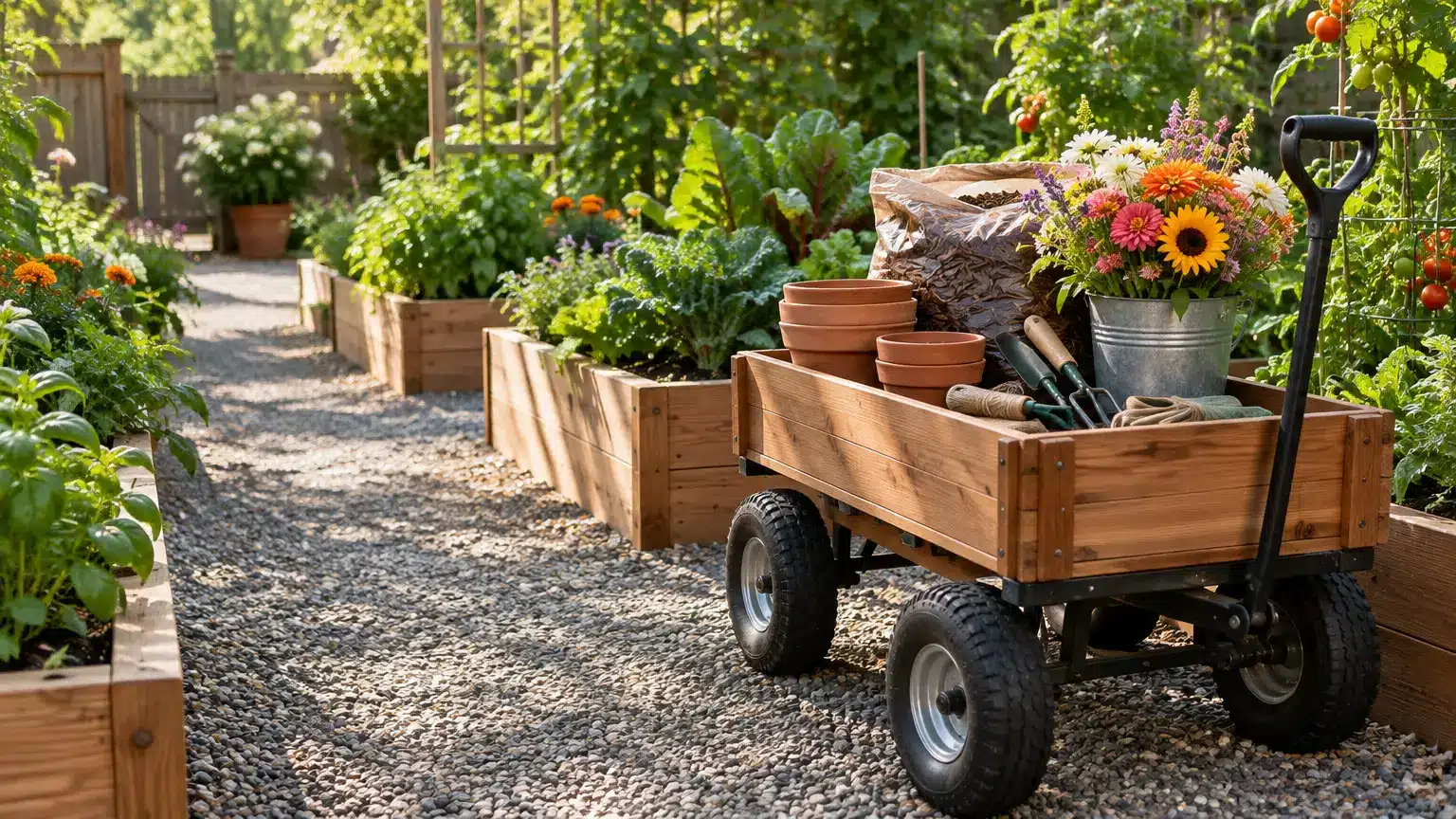 Wooden garden cart with pots and flowers in sunny vegetable garden pathway