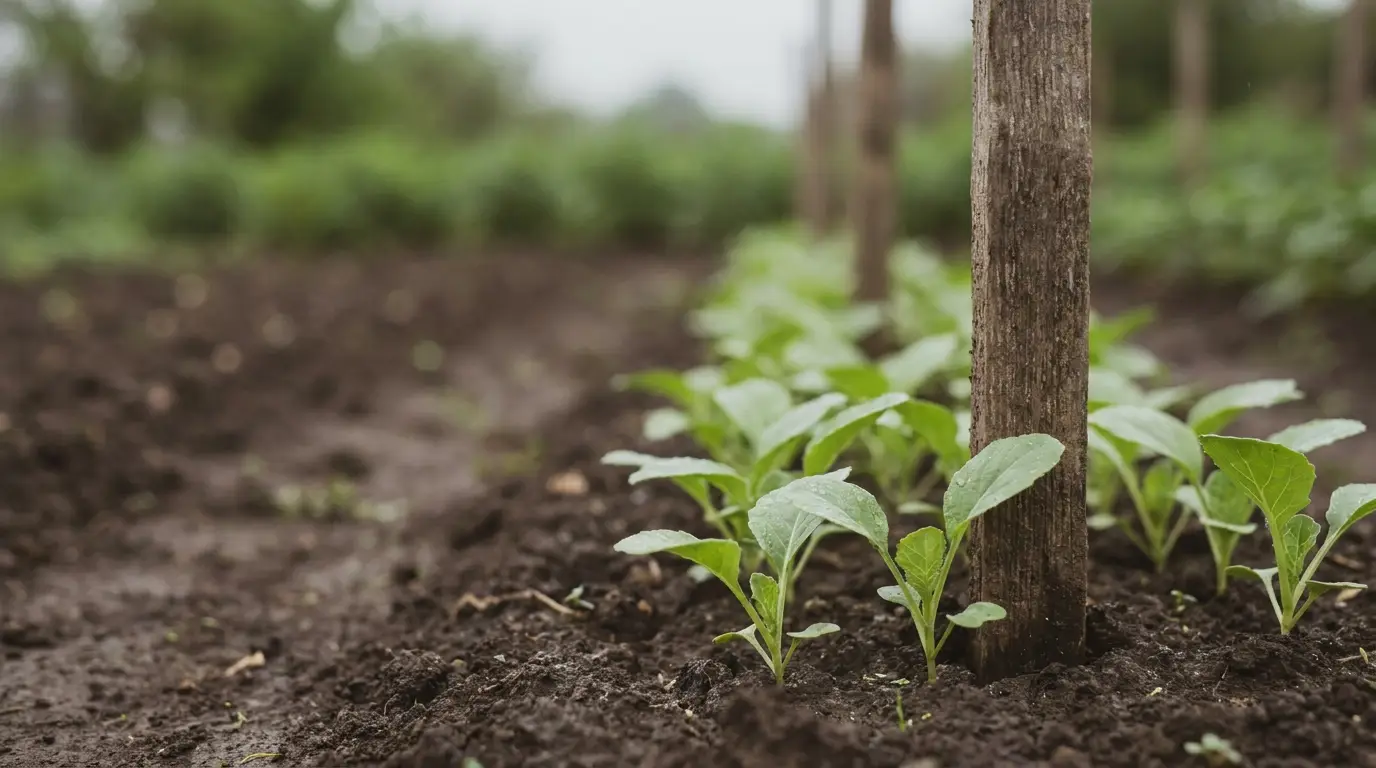 Young green seedlings growing in rich soil on a farm under wooden stakes
