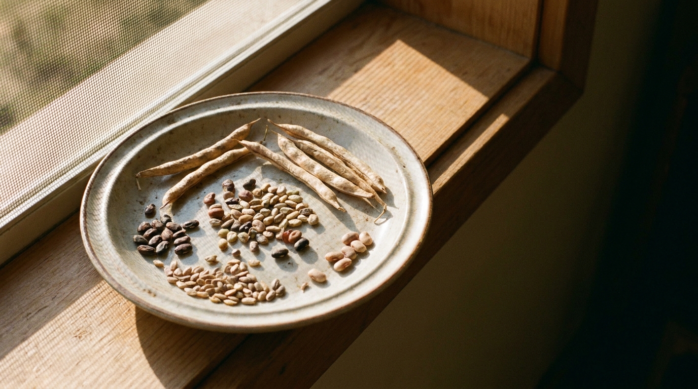 Assorted seeds and dried beans on ceramic plate by sunlit windowsill