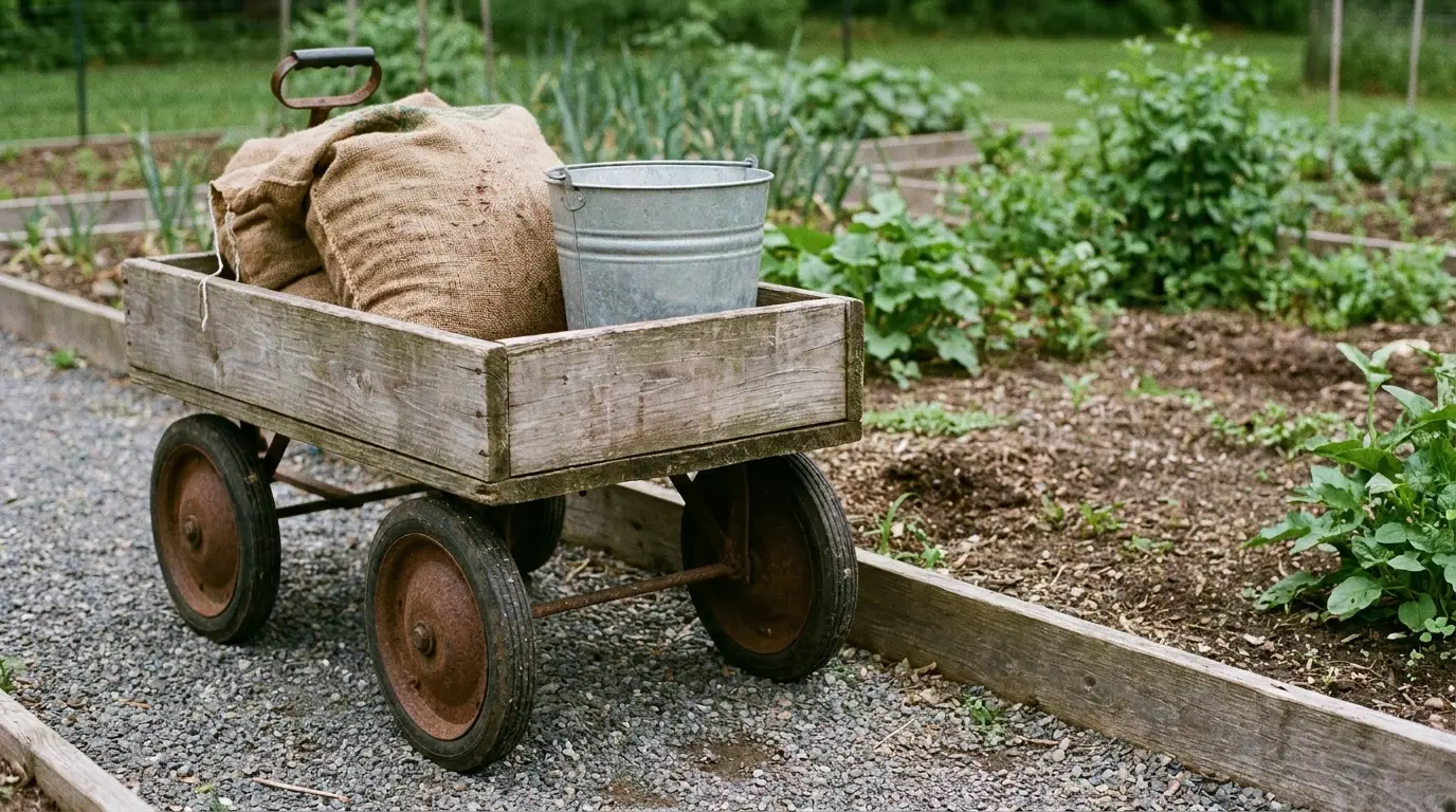 Wooden cart with burlap sacks and metal bucket in vegetable garden setting