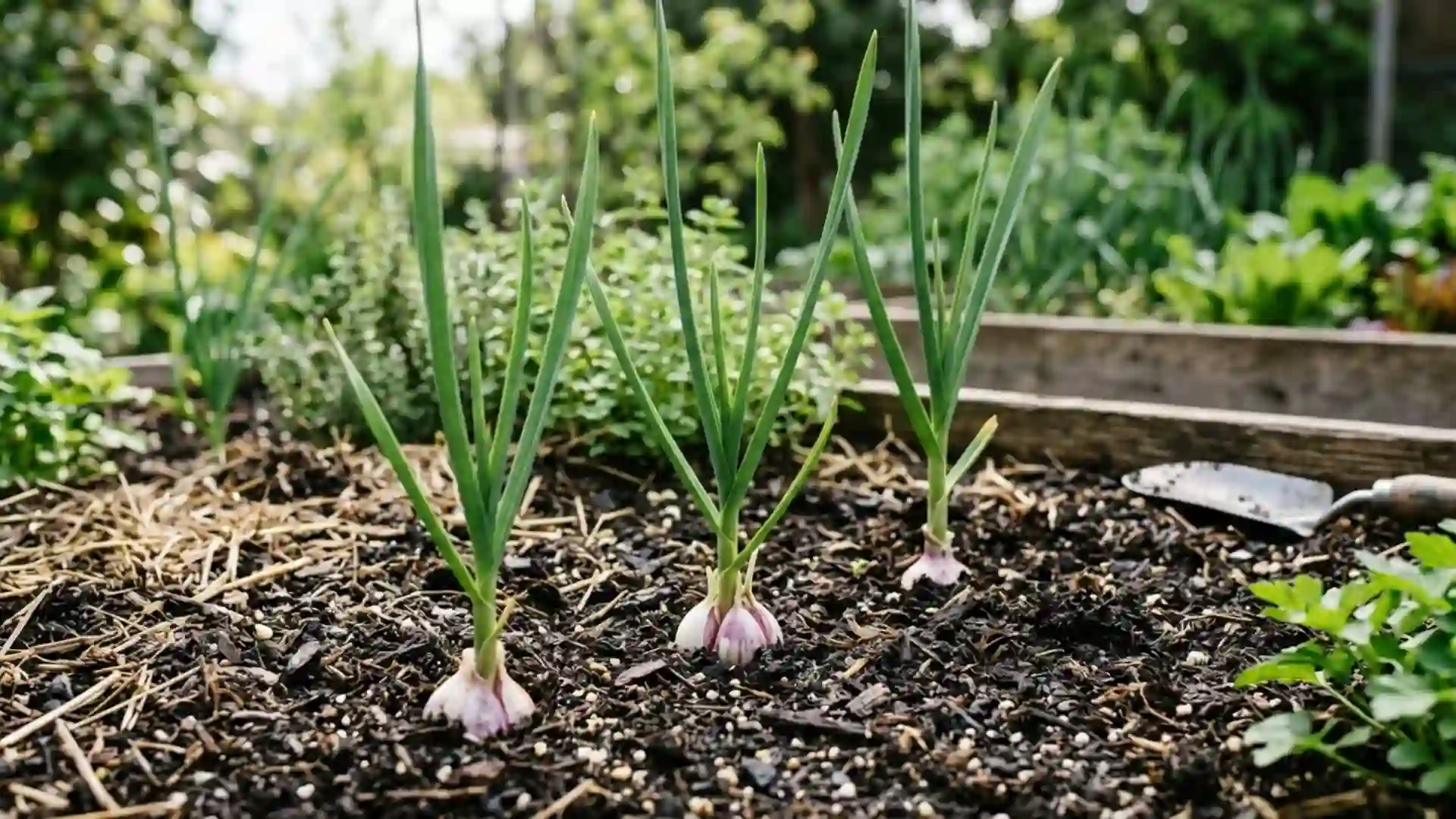 fresh garlic bulbs, in soil growing in a home garden bed, photographed in natural daylight