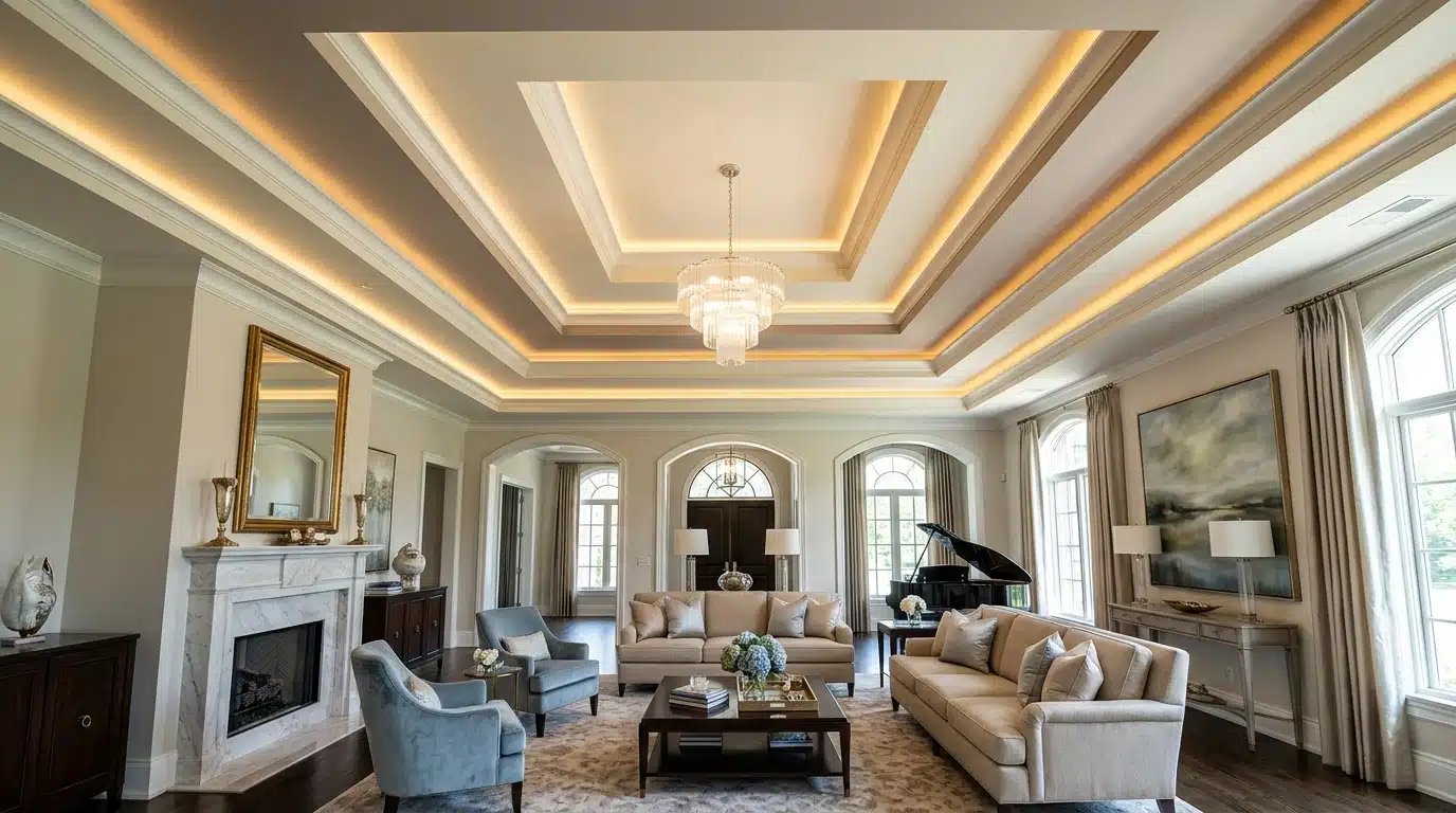 living room with a fireplace, sofas and armchairs, piano, artwork, and layered <echighlighted><echighlighted><echighlighted><echighlighted><echighlighted><echighlighted><echighlighted><echighlighted><echighlighted>tray ceiling</echighlighted></echighlighted></echighlighted></echighlighted></echighlighted></echighlighted></echighlighted></echighlighted></echighlighted> lighting