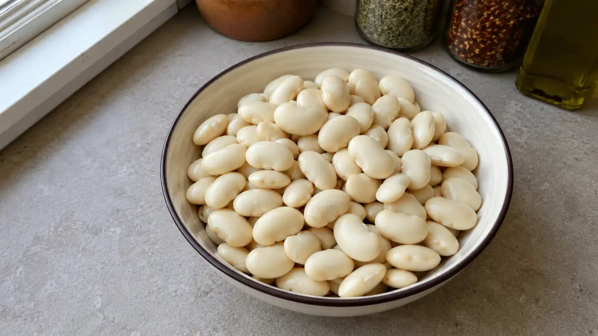 large white gigante beans piled in a bowl ona kitchen wooden counter