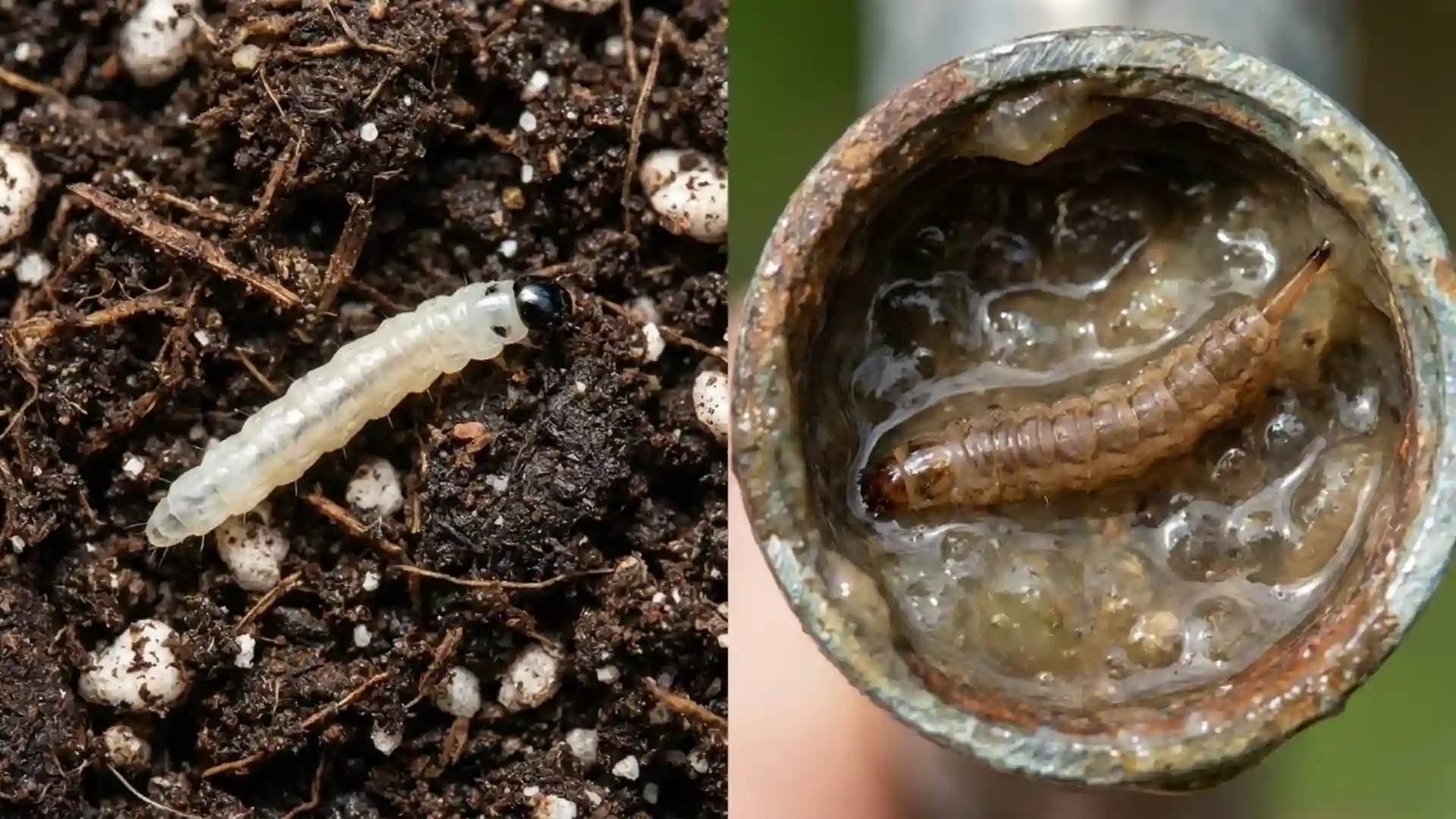 side-by-side comparison of translucent gnat larva in soil and brown drain fly larva in sludge