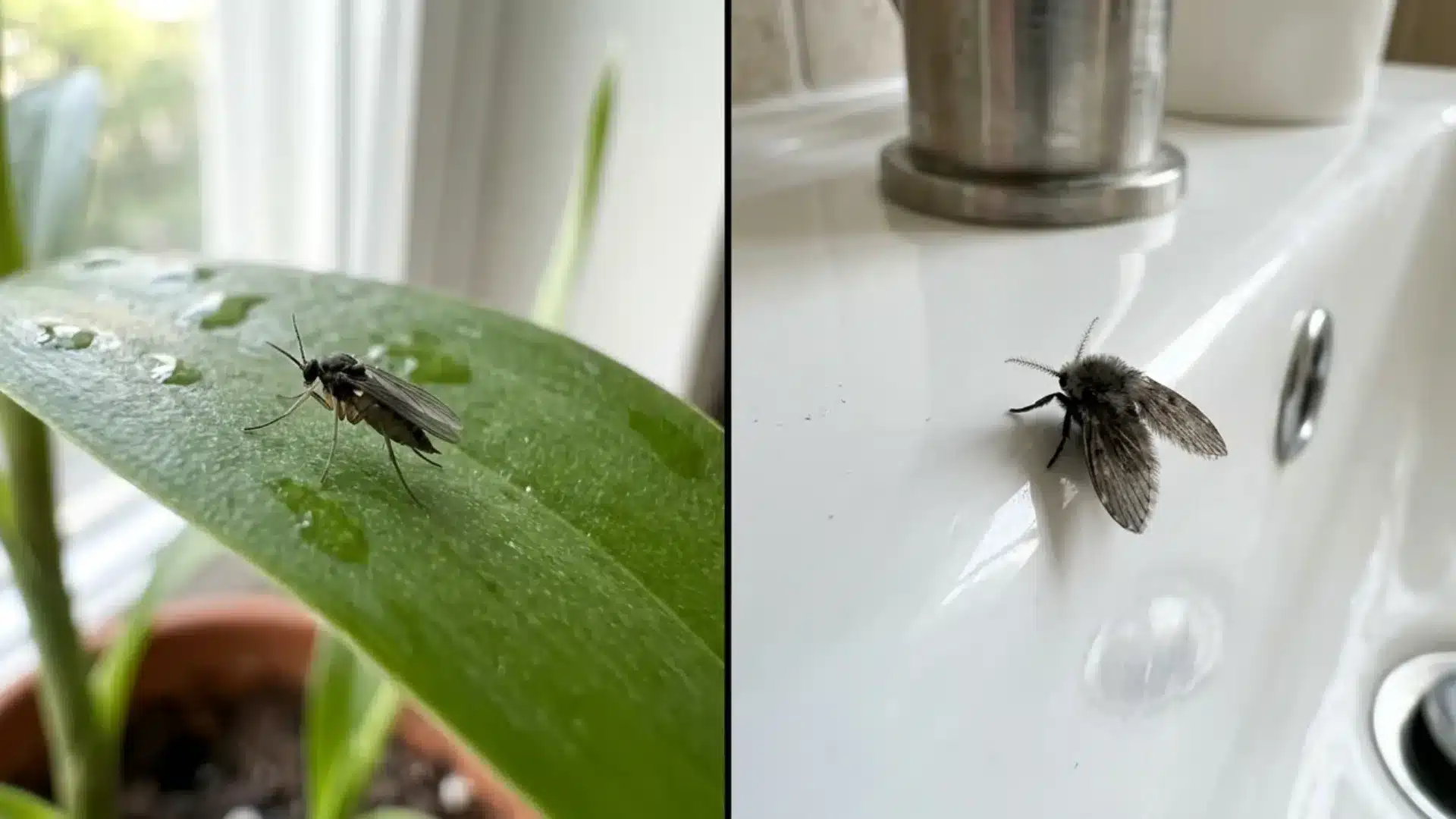 side-by-side comparison of a gnat on a plant leaf and a drain fly near a sink