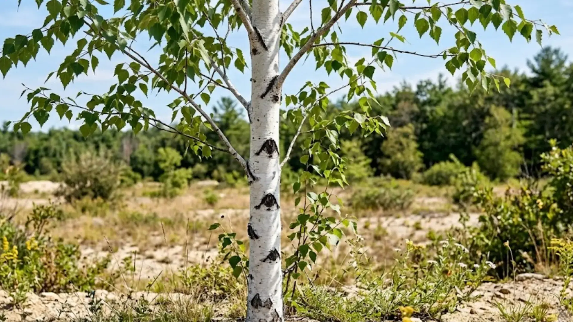 tall young birch tree with smooth white bark and dark triangular marks growing in a very wide open sandy clearing